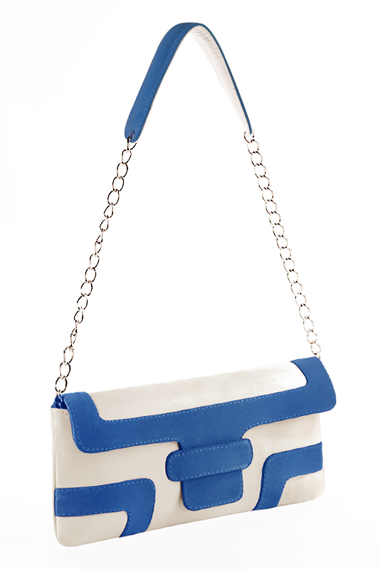 Small dressy baguette bag in off white and electric blue leather - Worn view